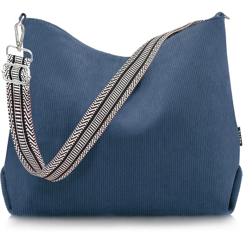Women’s Blue Corduroy Tote Shoulder Bag with Adjustment Straps And Zipper